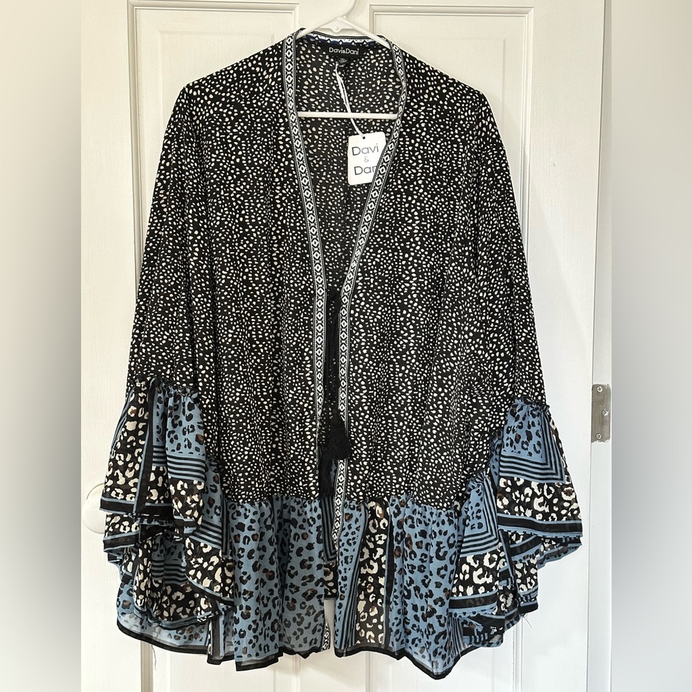 NWT Davi & Dani flowy sleeved tie-front kimono - blue & black leopard print - 1X